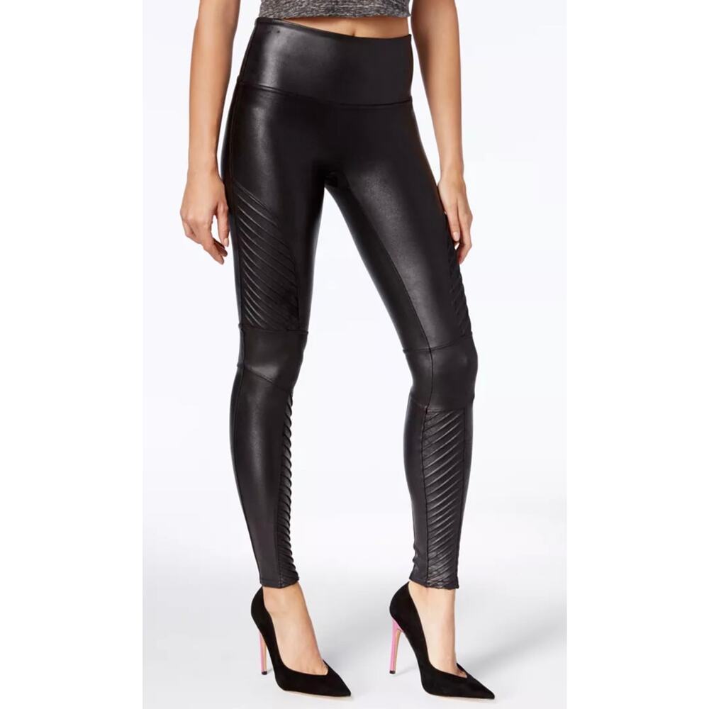 SPANX Faux Leather Moto Leggings Sz M Seamless Tummy Control Black